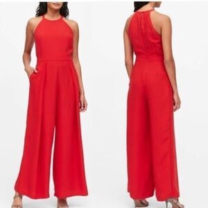 Banana Republic red halter neck wide leg pleated jumpsuit size 6